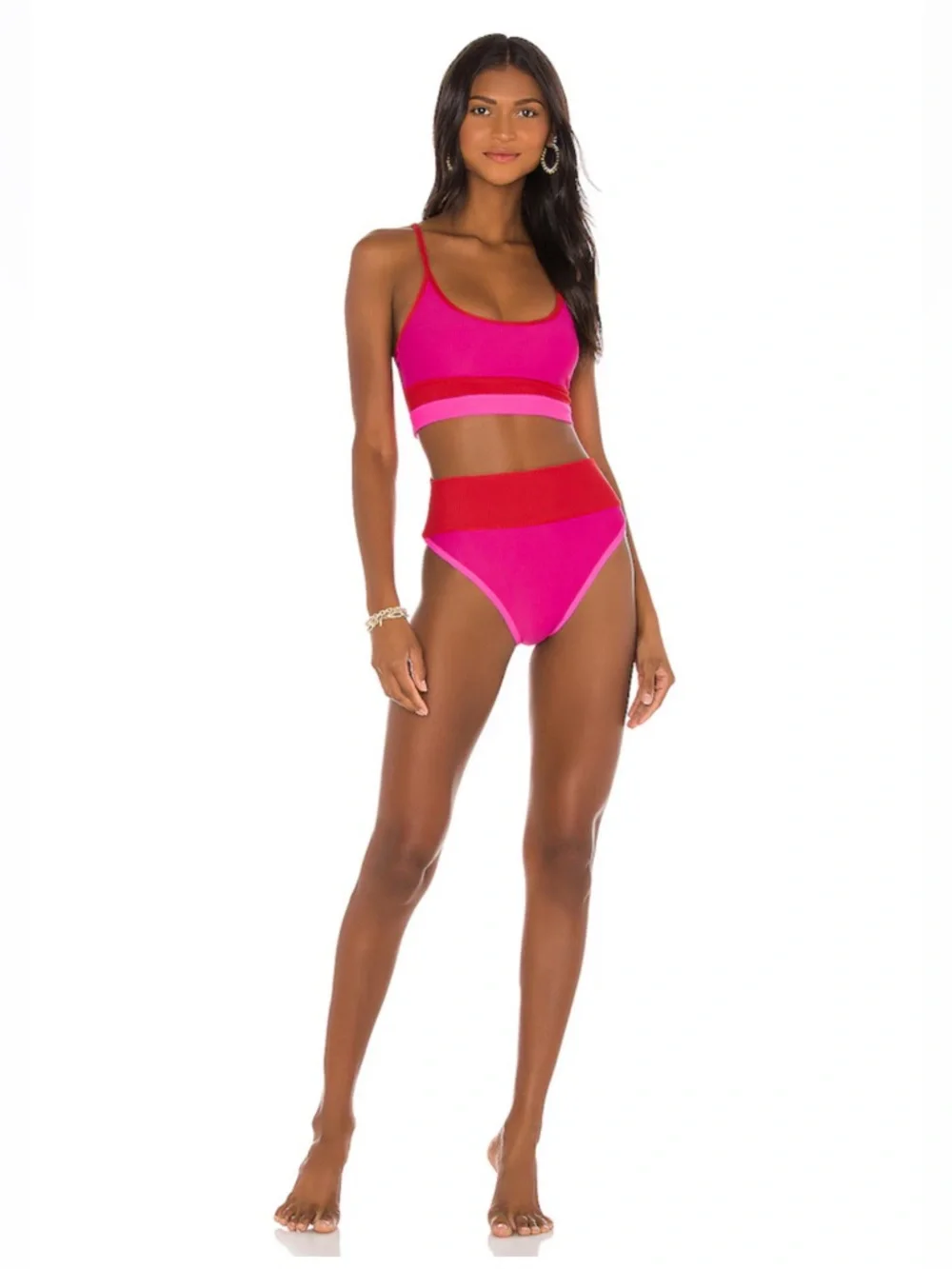 Beach Riot Eva Bikini Top M Emmy Bikini Bottom S Fuschia Red + Neon Pink NEW